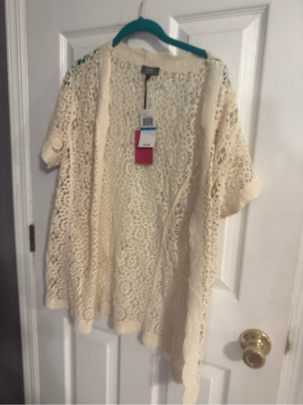 Crochet Open Front Short Sleeve Cardigan - Cream